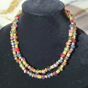 Gold Blue Purple Green Red Amber Stones 9" Double Strand Necklace